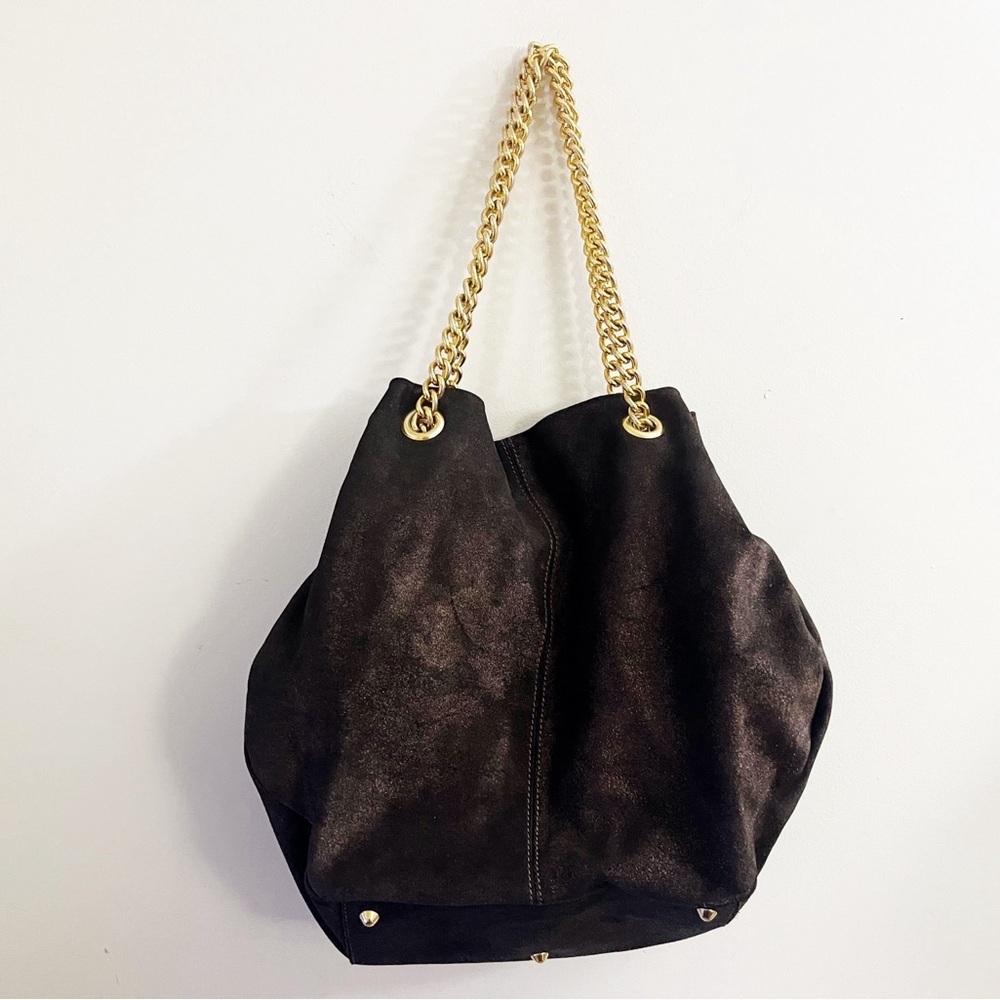 Maurizio Taiuti Brown Suede Shoulder Bag with Gold Chain Chic Classy Minimalist - Picture 1 of 13